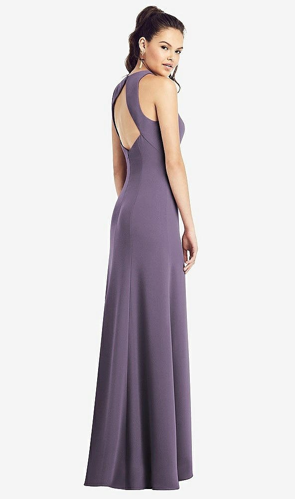 Back View - Lavender Open-Back Jewel Neck Trumpet Gown with Front Slit