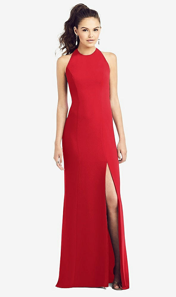 Front View - Parisian Red Open-Back Jewel Neck Trumpet Gown with Front Slit