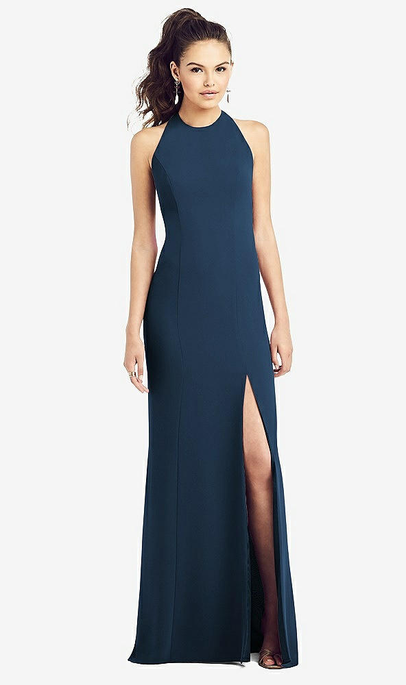 Front View - Sofia Blue Open-Back Jewel Neck Trumpet Gown with Front Slit