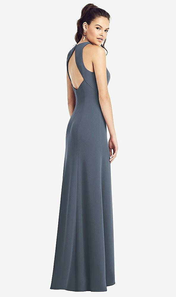 Back View - Silverstone Open-Back Jewel Neck Trumpet Gown with Front Slit