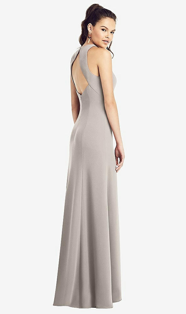 Back View - Taupe Open-Back Jewel Neck Trumpet Gown with Front Slit