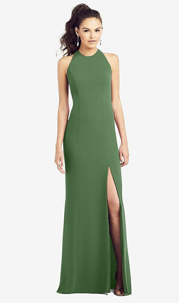 Front View - Vineyard Green Open-Back Jewel Neck Trumpet Gown with Front Slit