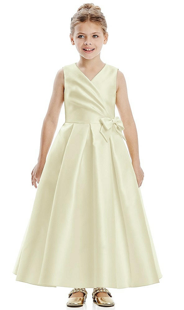 Front View - Butter Yellow Faux Wrap Pleated Skirt Satin Twill Flower Girl Dress with Bow