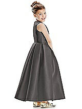 Rear View Thumbnail - Caviar Gray Faux Wrap Pleated Skirt Satin Twill Flower Girl Dress with Bow