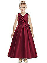 Front View Thumbnail - Burgundy Faux Wrap Pleated Skirt Satin Twill Flower Girl Dress with Bow
