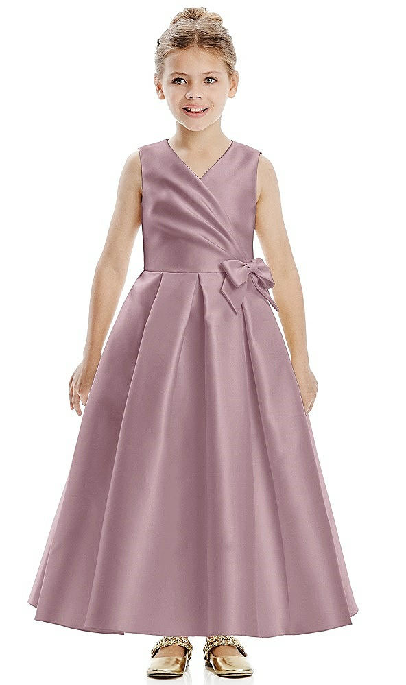 Front View - Dusty Rose Faux Wrap Pleated Skirt Satin Twill Flower Girl Dress with Bow