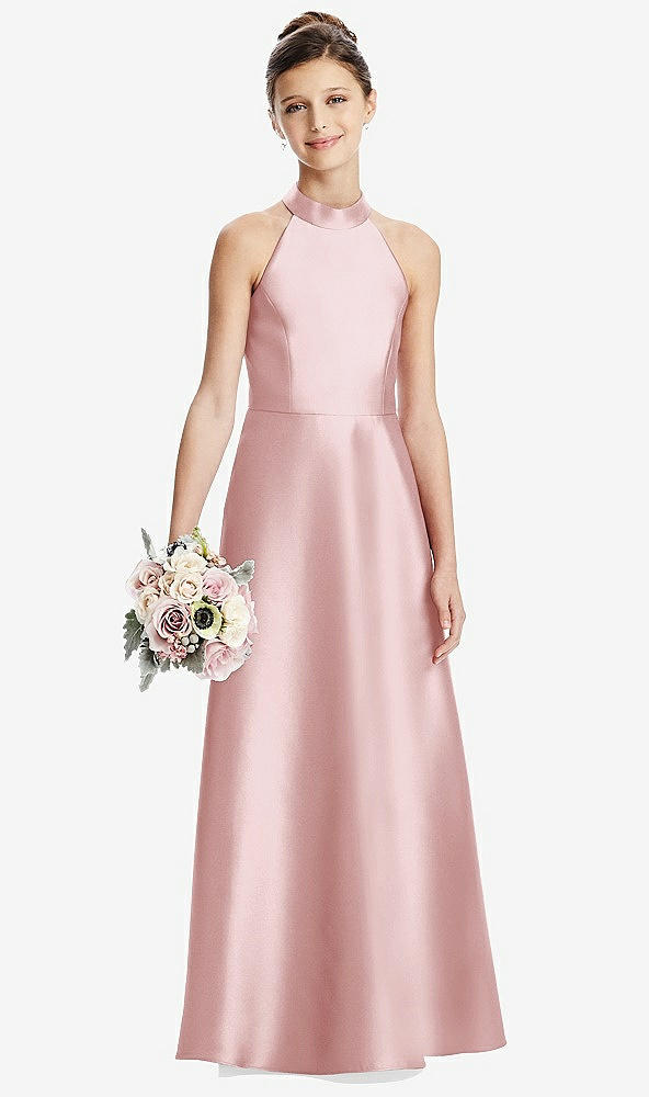Front View - Ballet Pink Halter Open-back Satin Junior Bridesmaid Dress with Pockets