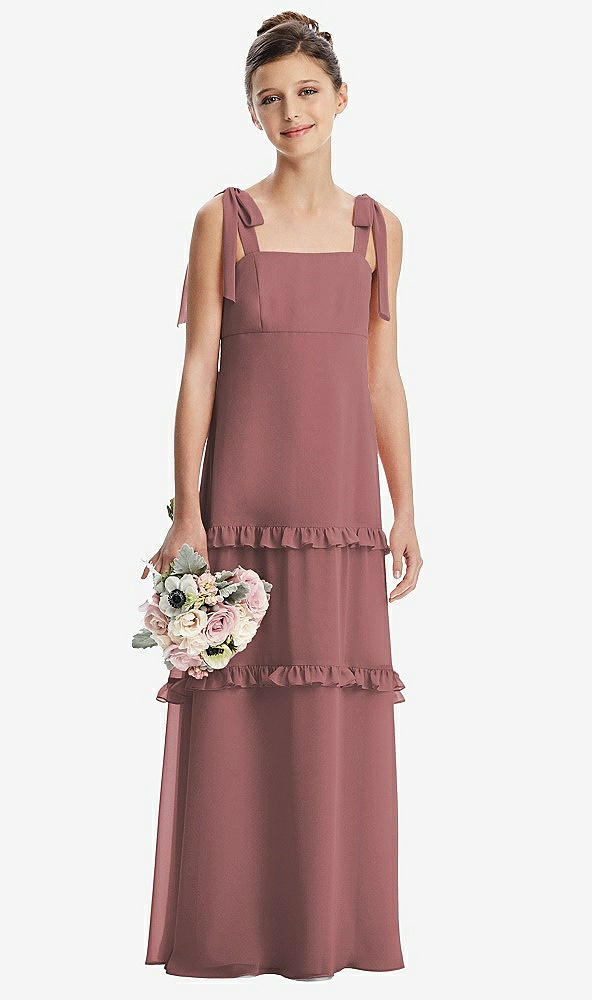 Front View - Rosewood Tie-Shoulder Juniors Dress with Tiered Ruffle Skirt