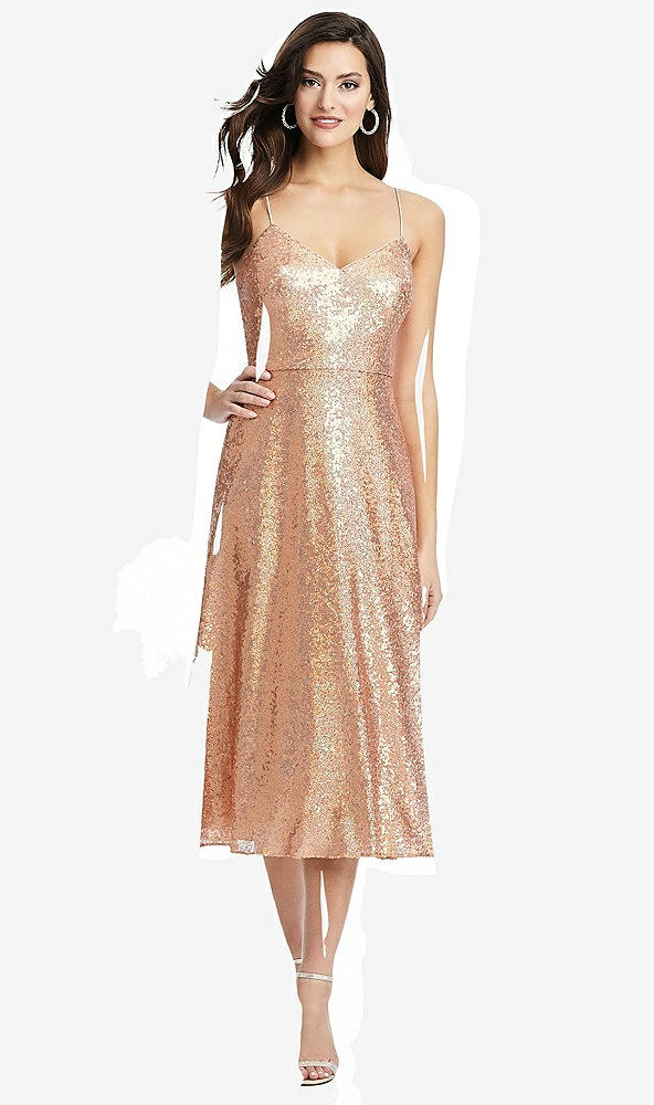 Front View - Copper Rose Spaghetti Strap Flared Skirt Sequin Midi Dress