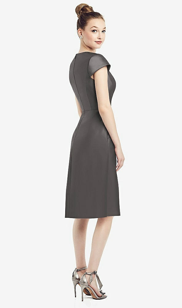 Back View - Caviar Gray Cap Sleeve V-Neck Satin Midi Dress with Pockets