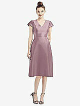 Front View Thumbnail - Dusty Rose Cap Sleeve V-Neck Satin Midi Dress with Pockets