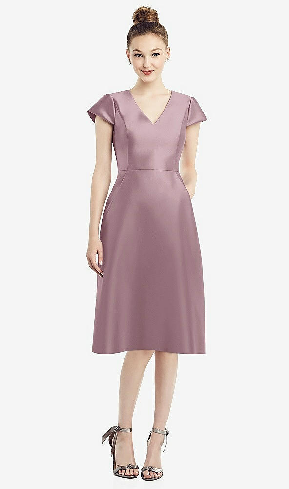 Front View - Dusty Rose Cap Sleeve V-Neck Satin Midi Dress with Pockets