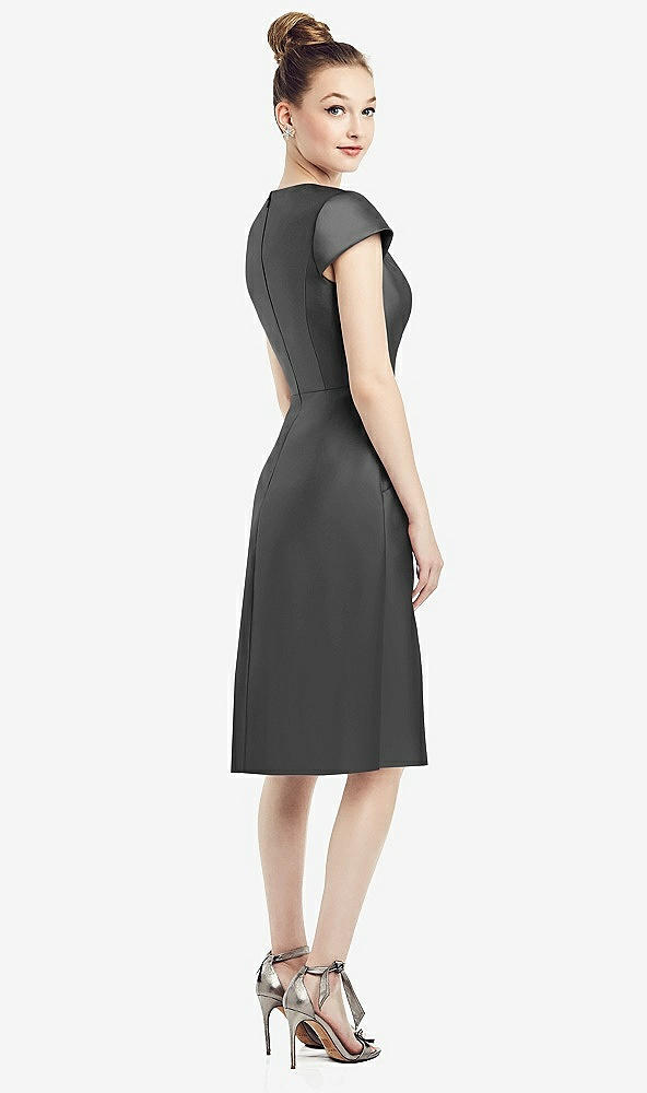 Back View - Pewter Cap Sleeve V-Neck Satin Midi Dress with Pockets