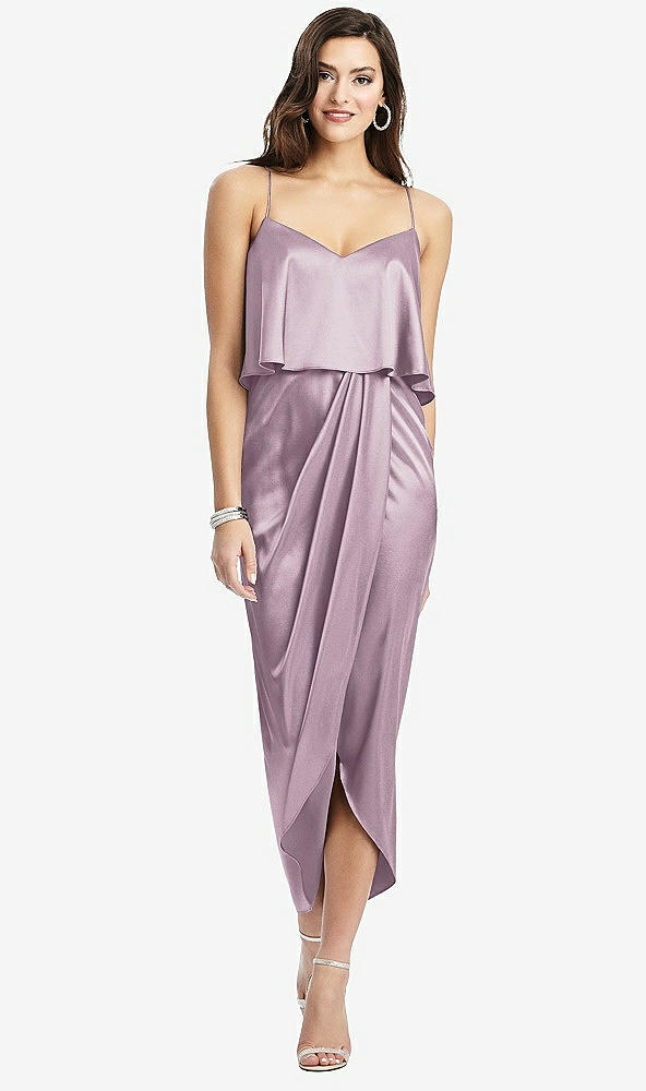 Front View - Suede Rose Popover Bodice Midi Dress with Draped Tulip Skirt