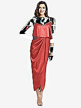 Alt View 1 Thumbnail - Perfect Coral Popover Bodice Midi Dress with Draped Tulip Skirt
