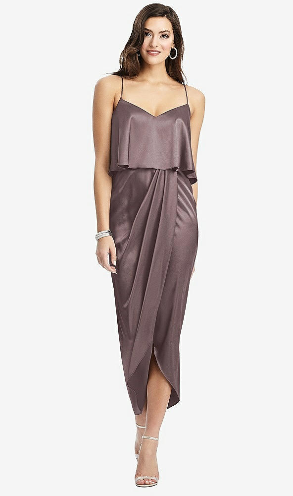 Front View - French Truffle Popover Bodice Midi Dress with Draped Tulip Skirt