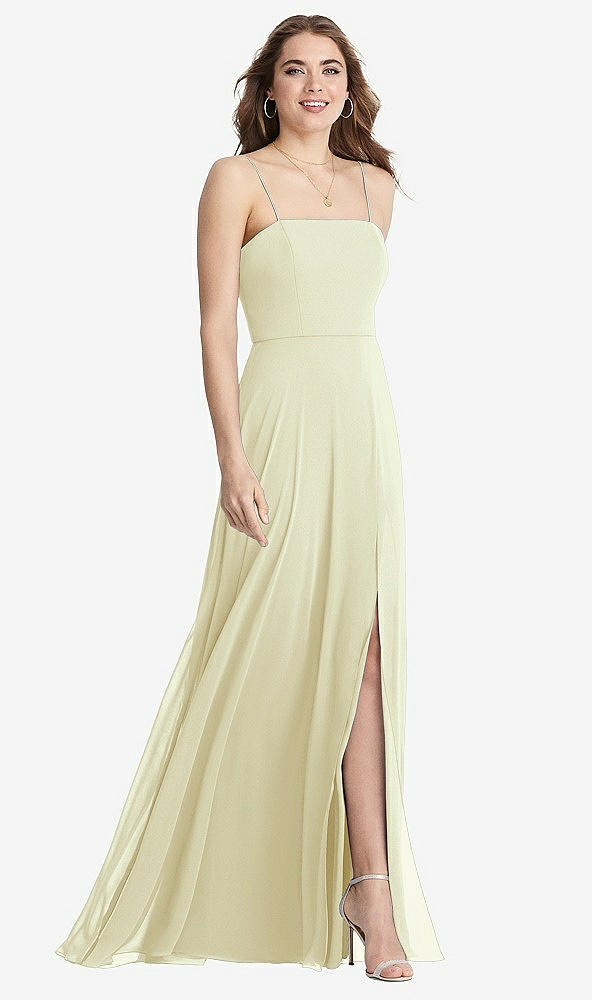 Front View - Butter Yellow Square Neck Chiffon Maxi Dress with Front Slit - Elliott