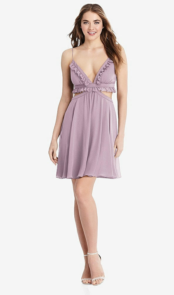 Front View - Suede Rose Ruffled Chiffon Cutout Mini Dress - Joey