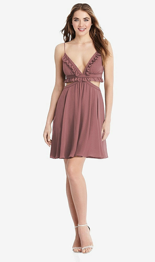 Front View - Rosewood Ruffled Chiffon Cutout Mini Dress - Joey