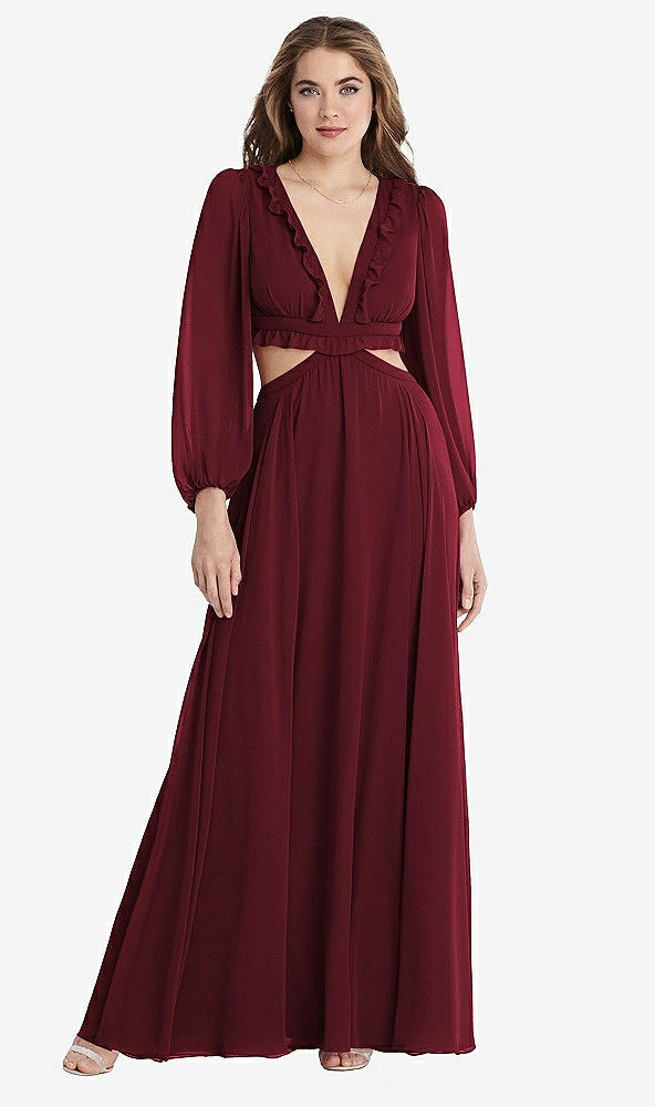 Front View - Cabernet Bishop Sleeve Ruffled Chiffon Cutout Maxi Dress - Harlow 