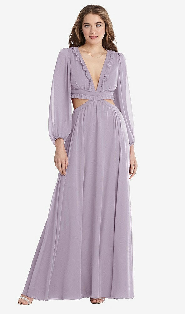 Front View - Lilac Haze Bishop Sleeve Ruffled Chiffon Cutout Maxi Dress - Harlow 