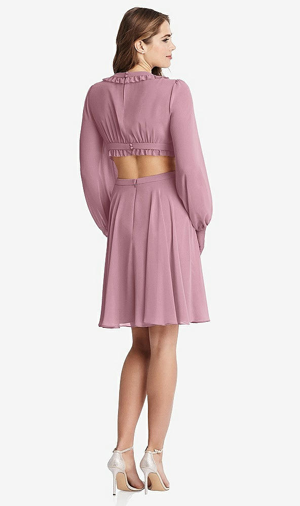 Back View - Dusty Pink Bishop Sleeve Ruffled Chiffon Cutout Mini Dress - Hannah
