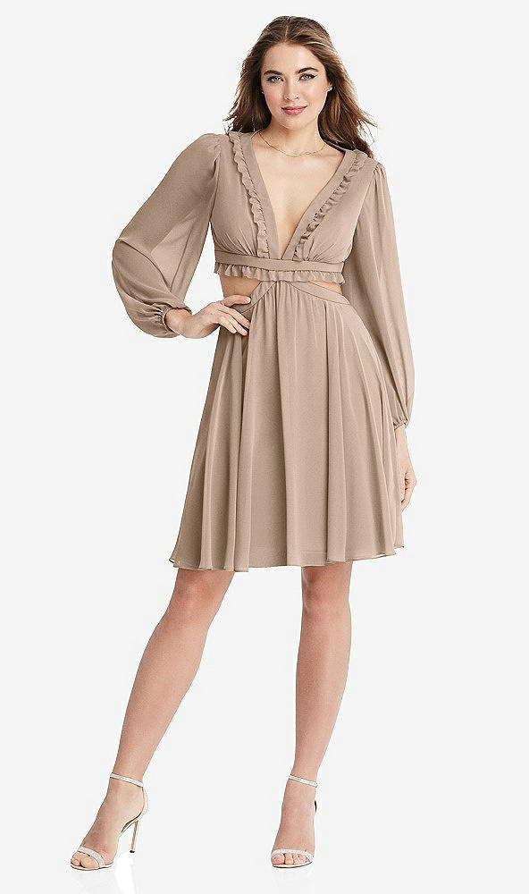 Front View - Topaz Bishop Sleeve Ruffled Chiffon Cutout Mini Dress - Hannah