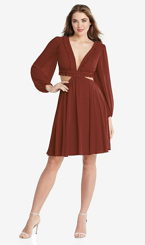 Front View - Auburn Moon Bishop Sleeve Ruffled Chiffon Cutout Mini Dress - Hannah