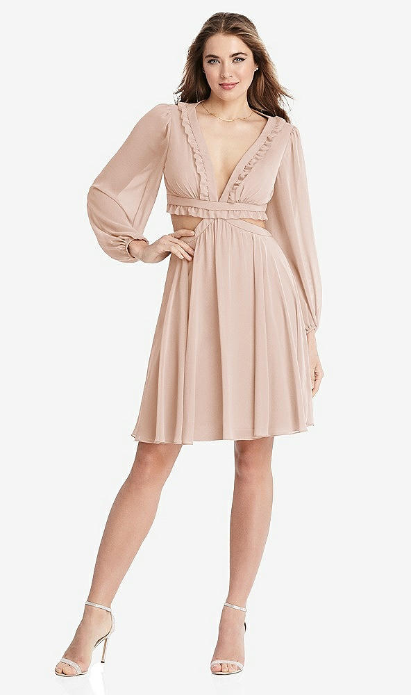 Front View - Cameo Bishop Sleeve Ruffled Chiffon Cutout Mini Dress - Hannah