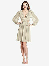 Alt View 1 Thumbnail - Champagne Bishop Sleeve Ruffled Chiffon Cutout Mini Dress - Hannah