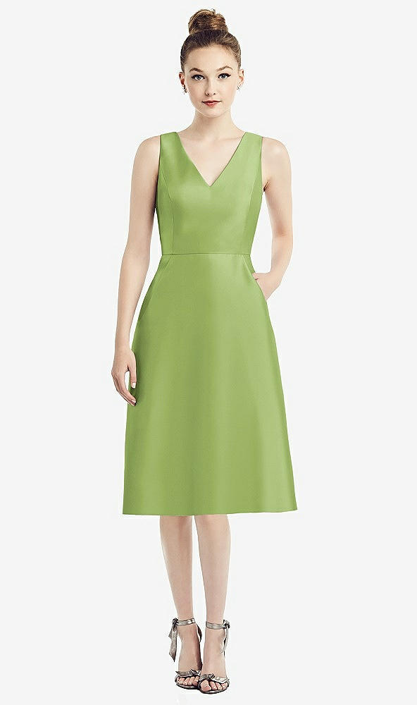 Front View - Mojito Sleeveless V-Neck Satin Midi Dress with Pockets
