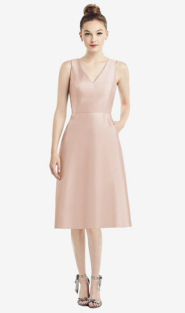 Front View - Cameo Sleeveless V-Neck Satin Midi Dress with Pockets