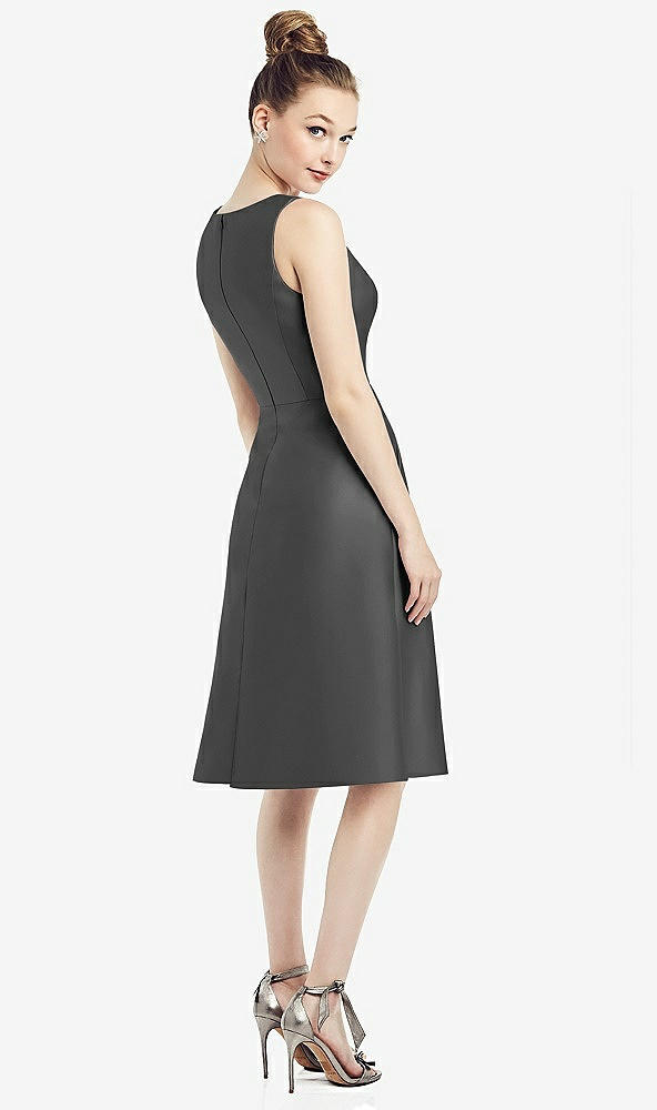 Back View - Pewter Sleeveless V-Neck Satin Midi Dress with Pockets