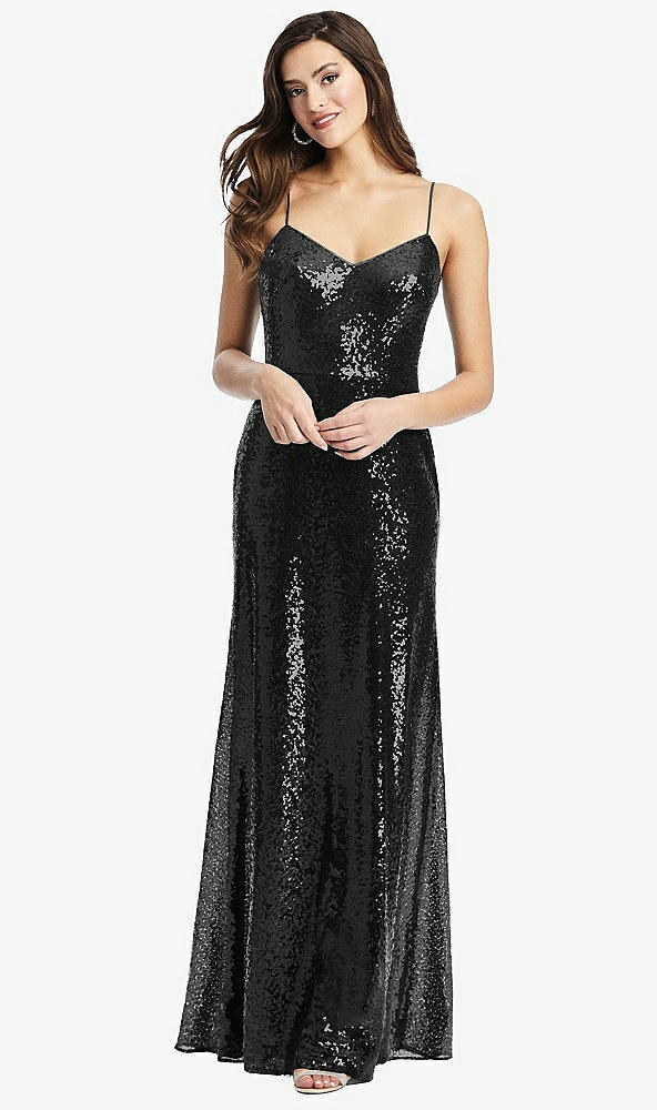 Front View - Black Spaghetti Strap Sequin Gown with Flared Skirt