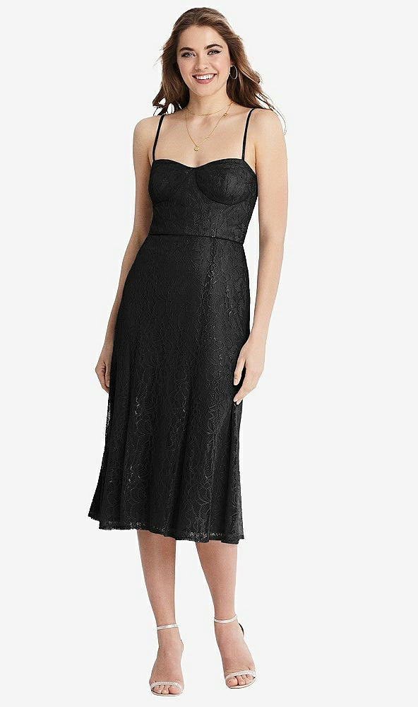 Front View - Black Lace Bustier Midi Dress with Spaghetti Straps