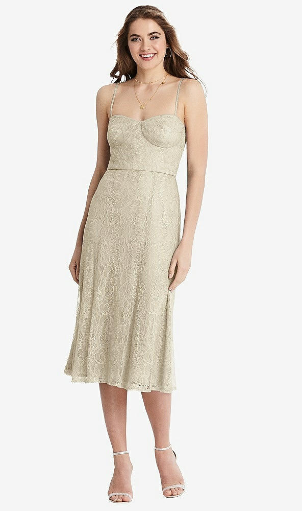 Front View - Champagne Lace Bustier Midi Dress with Spaghetti Straps