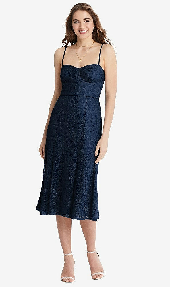 Front View - Midnight Navy Lace Bustier Midi Dress with Spaghetti Straps