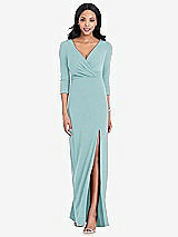 Front View Thumbnail - Canal Blue 3/4 Sleeve V-Back Draped Wrap Maxi Dress - Yara