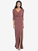 Front View Thumbnail - English Rose 3/4 Sleeve V-Back Draped Wrap Maxi Dress - Yara