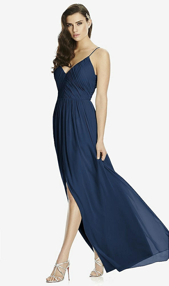 Front View - Midnight Navy Deep V-Back Shirred Maxi Dress - Ensley