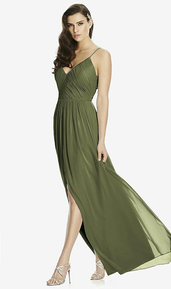 Front View - Olive Green Deep V-Back Shirred Maxi Dress - Ensley
