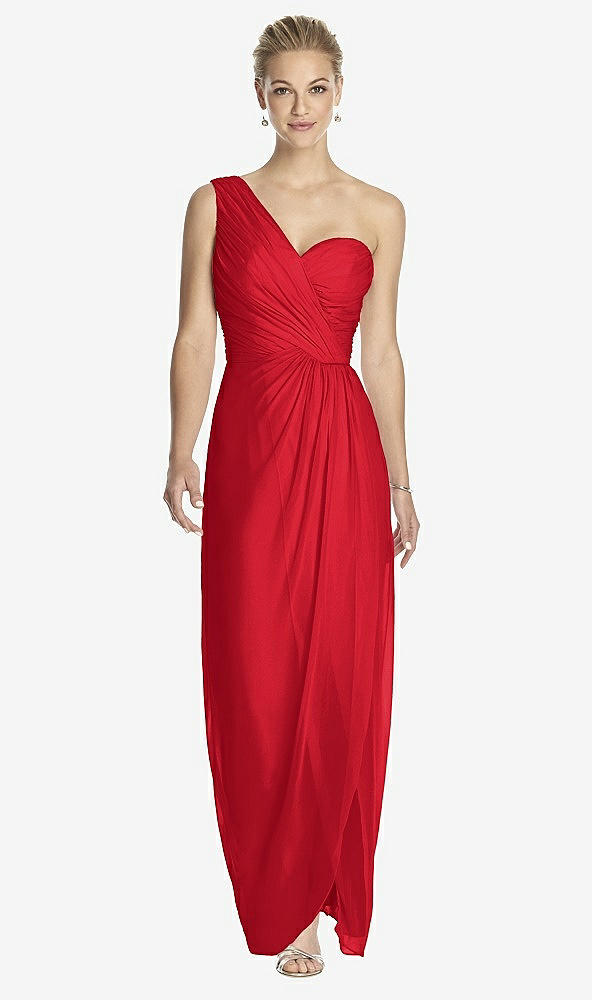 Front View - Parisian Red One-Shoulder Draped Maxi Dress with Front Slit - Aeryn