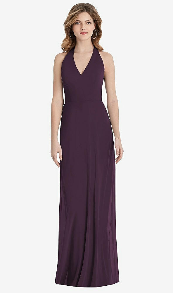 Front View - Aubergine V-Neck Halter Chiffon Maxi Dress - Taryn