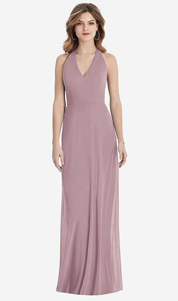 Front View - Dusty Rose V-Neck Halter Chiffon Maxi Dress - Taryn