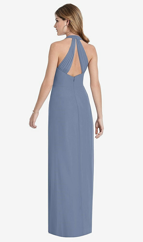 Back View - Larkspur Blue V-Neck Halter Chiffon Maxi Dress - Taryn