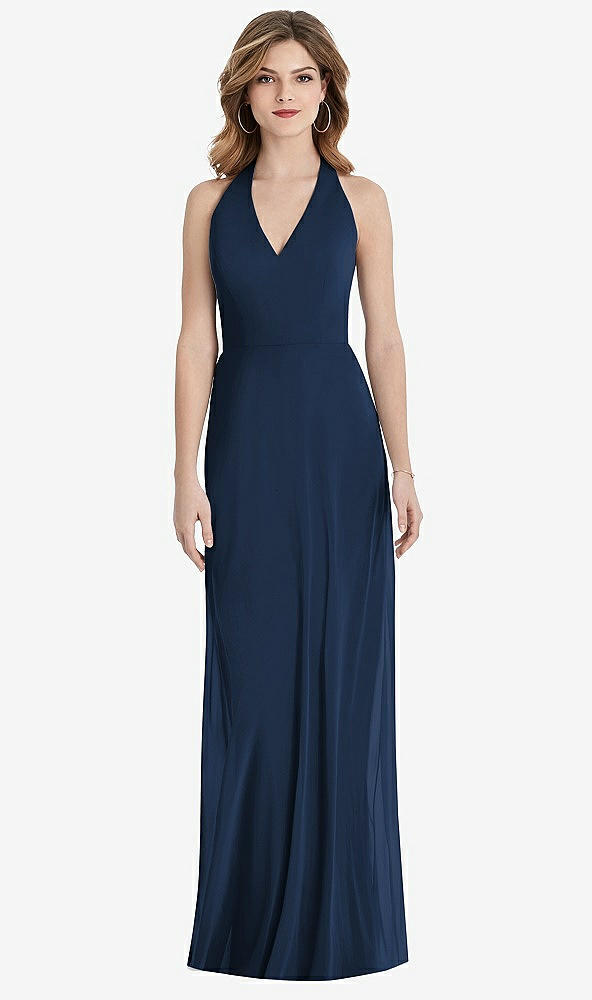 Front View - Midnight Navy V-Neck Halter Chiffon Maxi Dress - Taryn