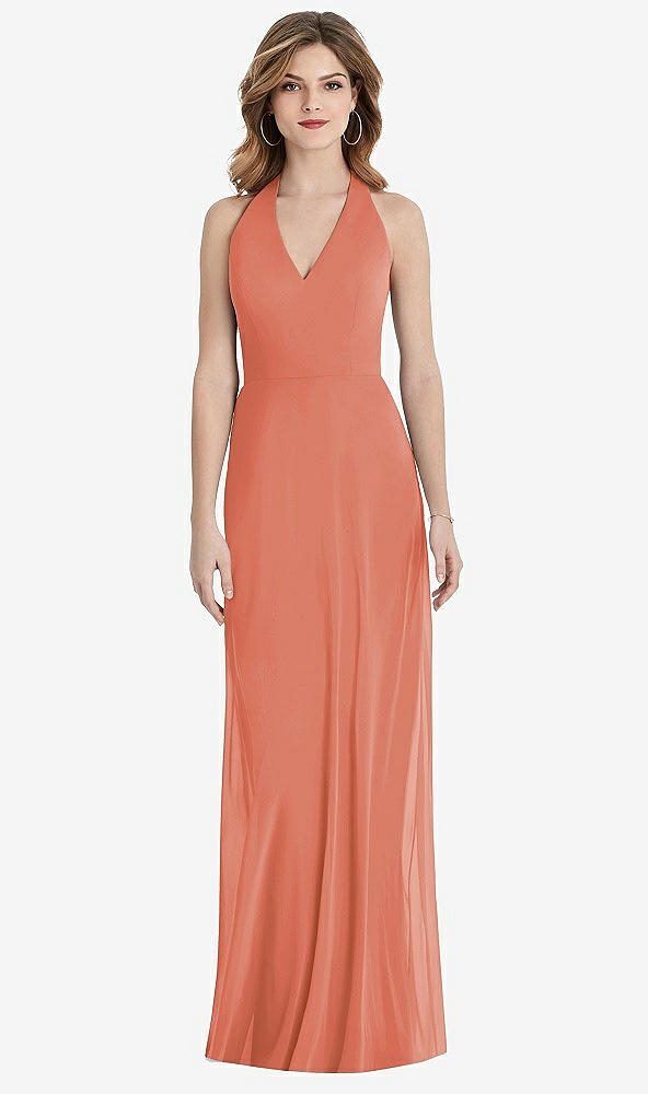 Front View - Terracotta Copper V-Neck Halter Chiffon Maxi Dress - Taryn