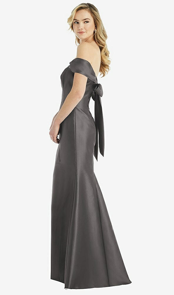 Front View - Caviar Gray Off-the-Shoulder Bow-Back Satin Trumpet Gown