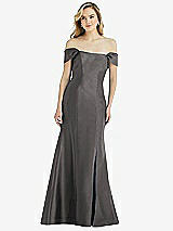 Side View Thumbnail - Caviar Gray Off-the-Shoulder Bow-Back Satin Trumpet Gown