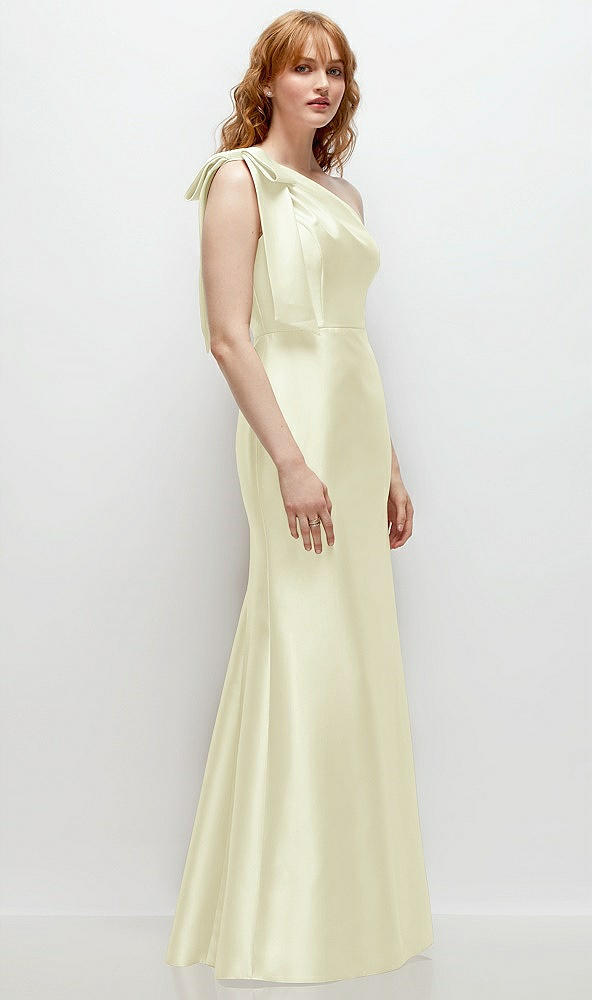 Back View - Butter Yellow Bow One-Shoulder Satin Trumpet Gown